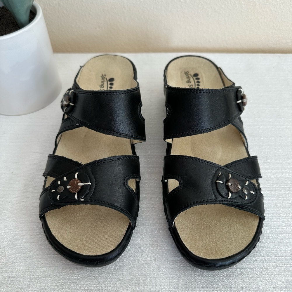 Spring Step Amina Black Leather Wedge Comfort Slide Sandals Woman’s EU38 US7.5-8